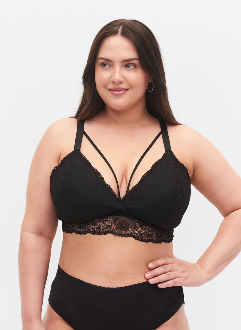 Soutien-gorge en dentelle avec détails en string, Noir, Model image number 0