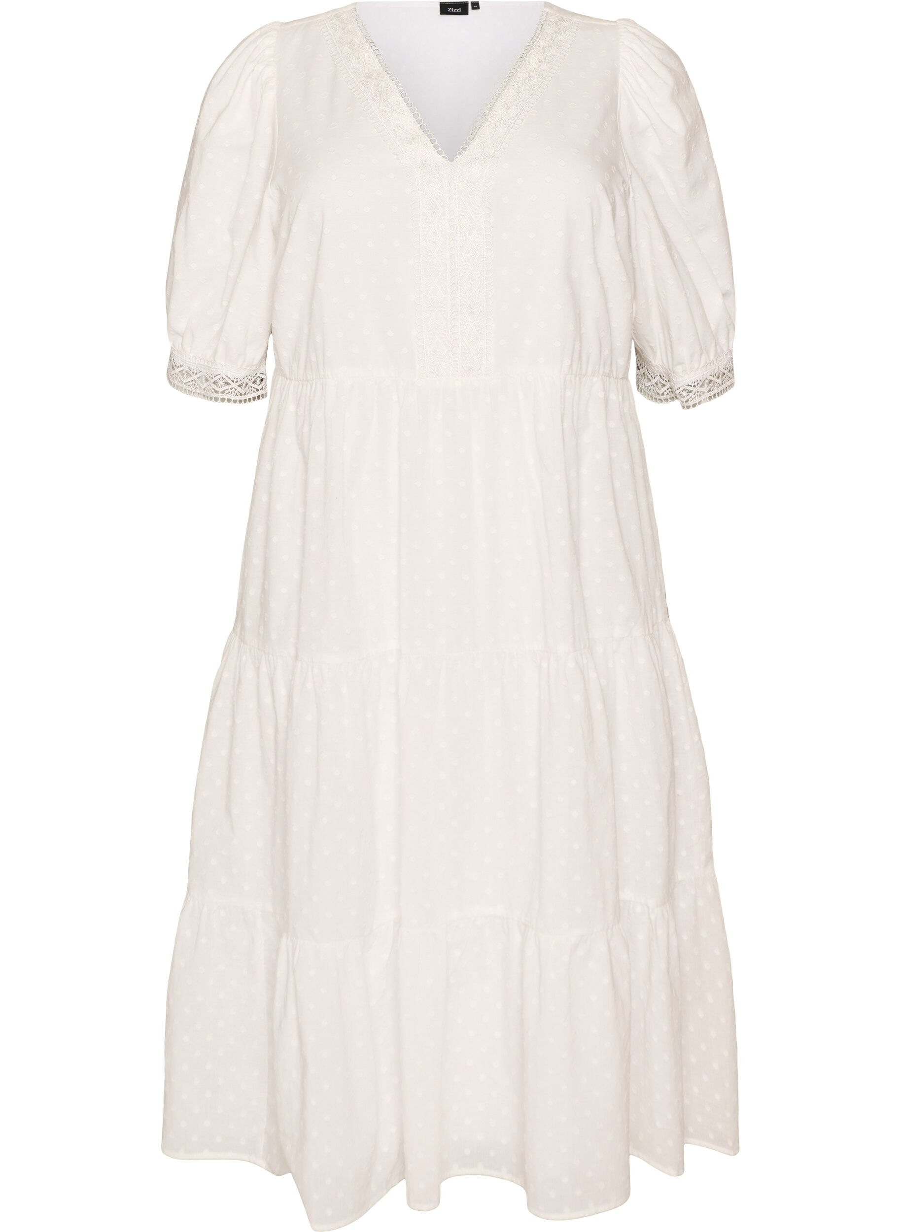 Zizzi Robe midi en coton textur&eacute; avec des d&eacute;tails en crochet, Blanc, Packshot image number 0