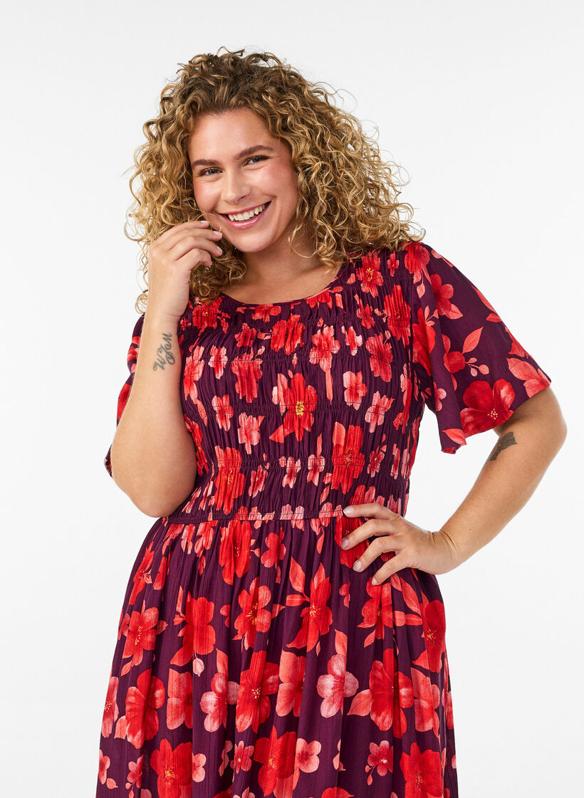 Robe avec smocks et imprim&eacute; floral, Violet, Model image number 2