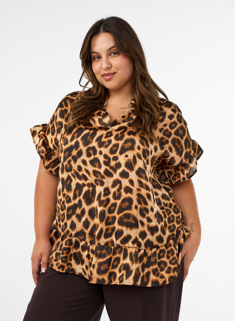 Blouse avec imprim&eacute; l&eacute;opard et volants, Marron, Model image number 0