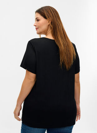 T-shirt manches courtes en viscose avec détails en dentelle, Black, Model image number 1
