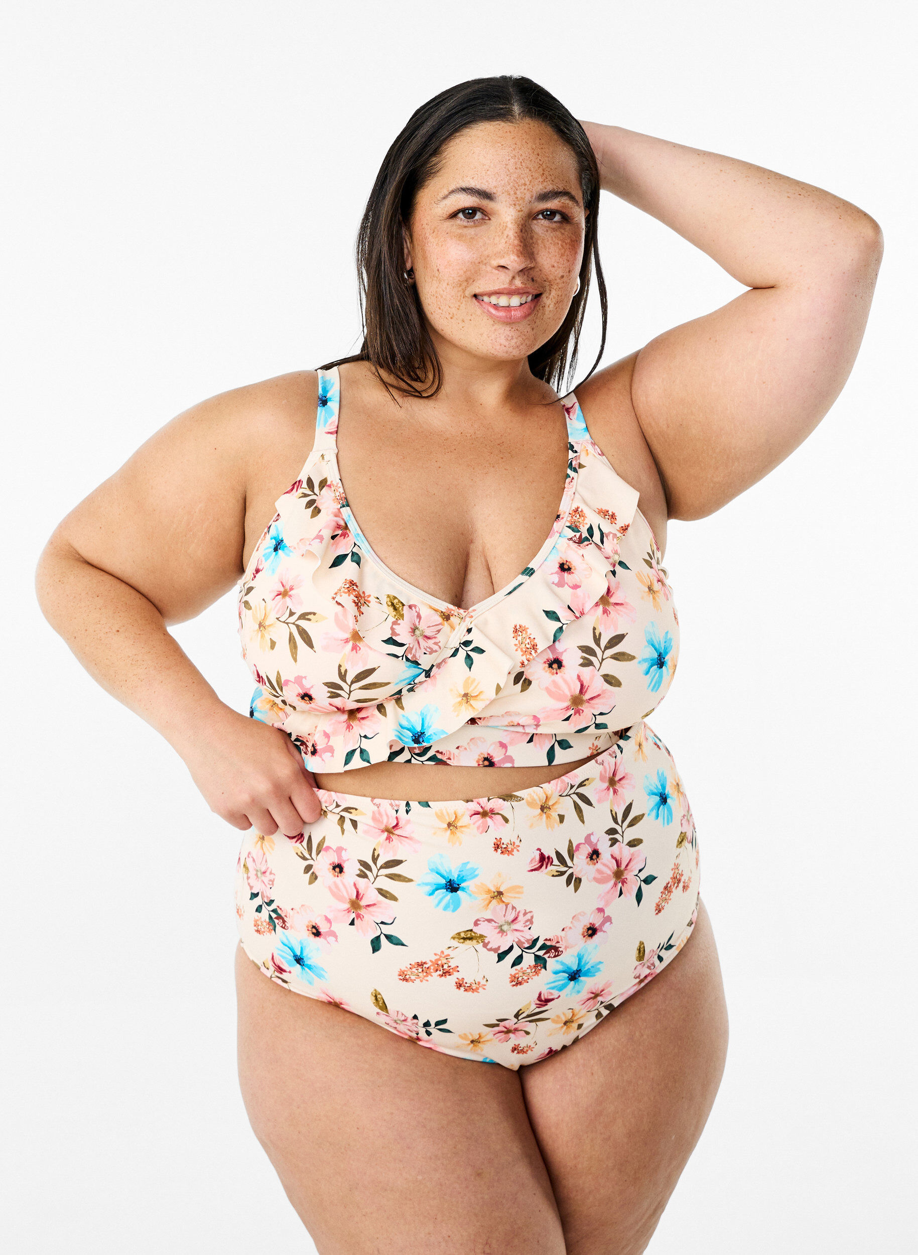 Zizzi Culotte de bikini taille tr&egrave;s haute &agrave; imprim&eacute; floral, Beige, Model image number 0