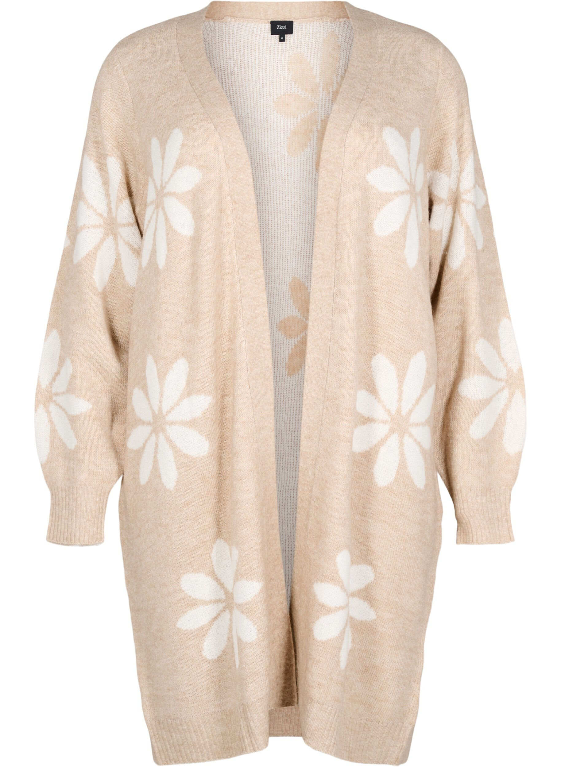 Zizzi Cardigan long en maille avec des fleurs, Simply Taupe Comb, Packshot image number 0