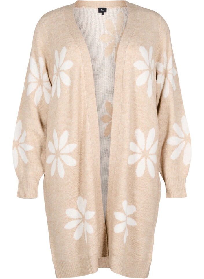 Cardigan long en maille avec des fleurs, Simply Taupe Comb, Packshot image number 0