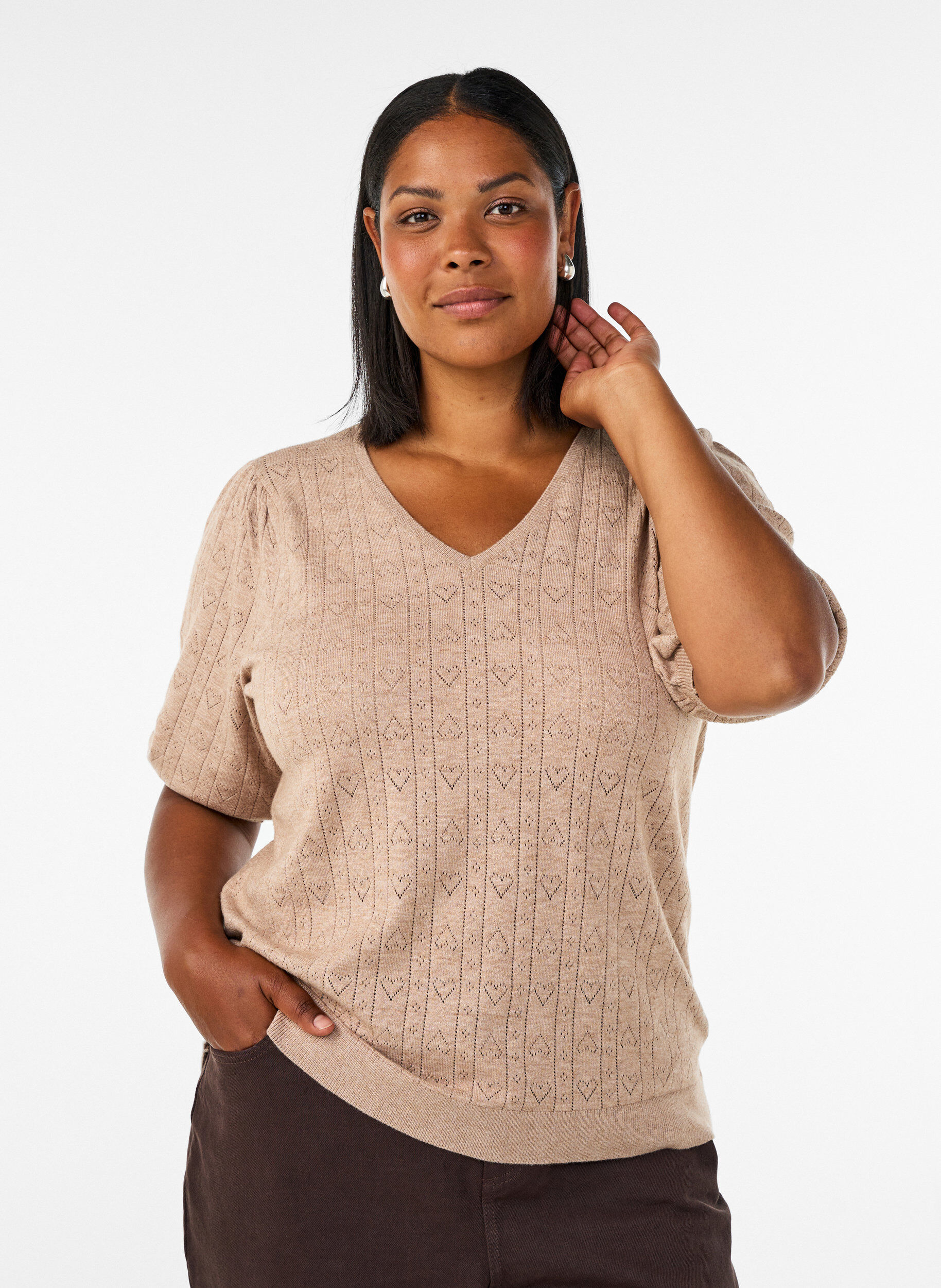 Blouse en maille pointelle &agrave; manches courtes, Beige, Model