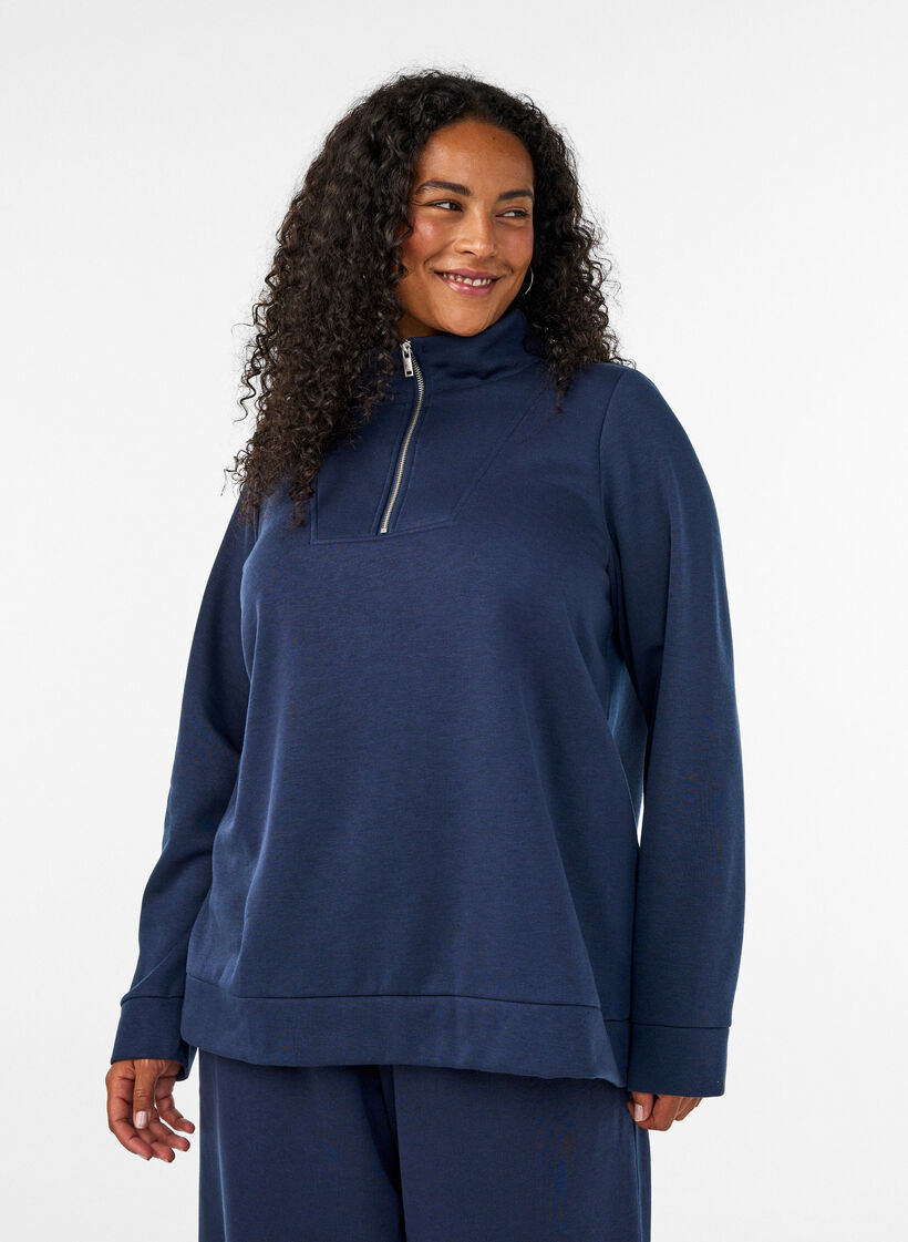 Sweat-shirt avec col montant et fermeture zipp&eacute;e, Bleu, Model image number 0