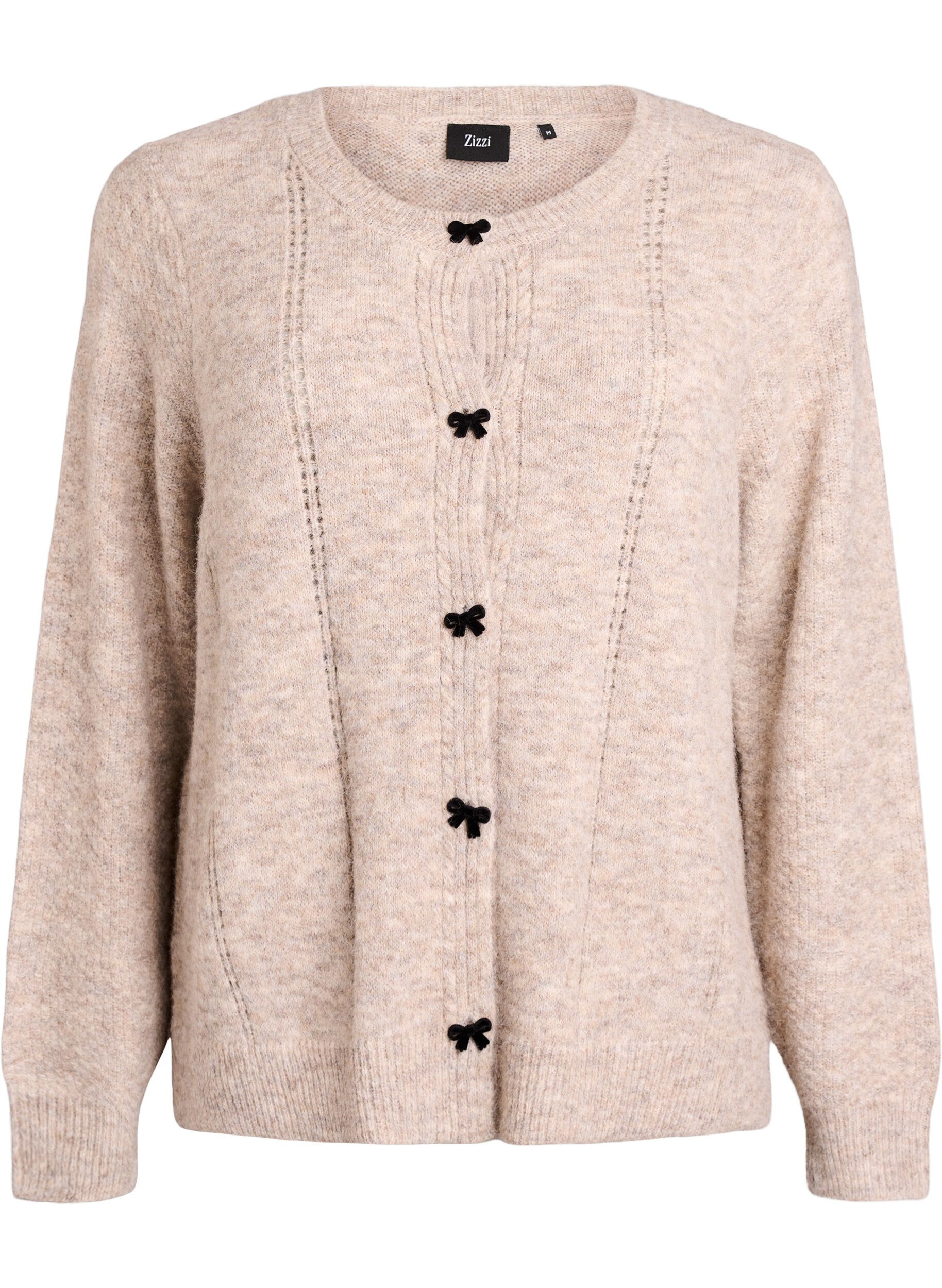 Zizzi Cardigan avec boutons en forme de n&oelig;ud et motif ajour&eacute;, Beige, Packshot image number 0