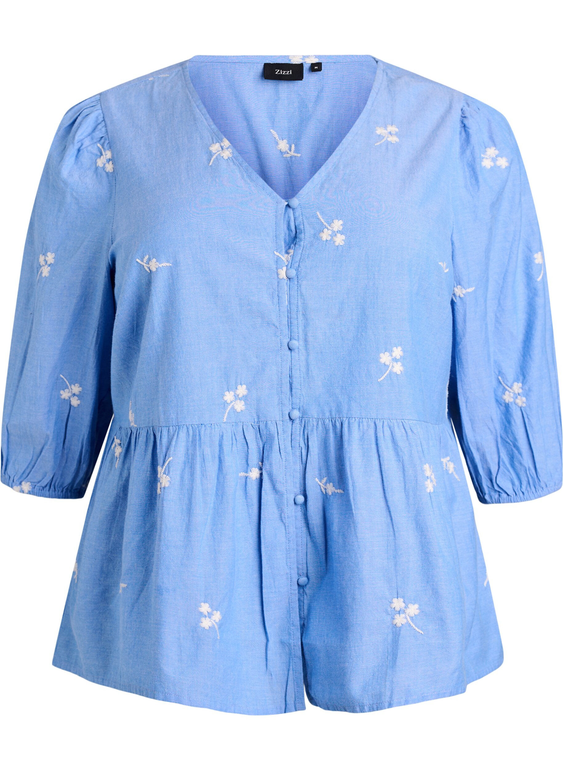 ZizziBlouse en coton brod&eacute;e de fleurs et fermeture boutonn&eacute;e, Bleu Clair, Packshot image number 0