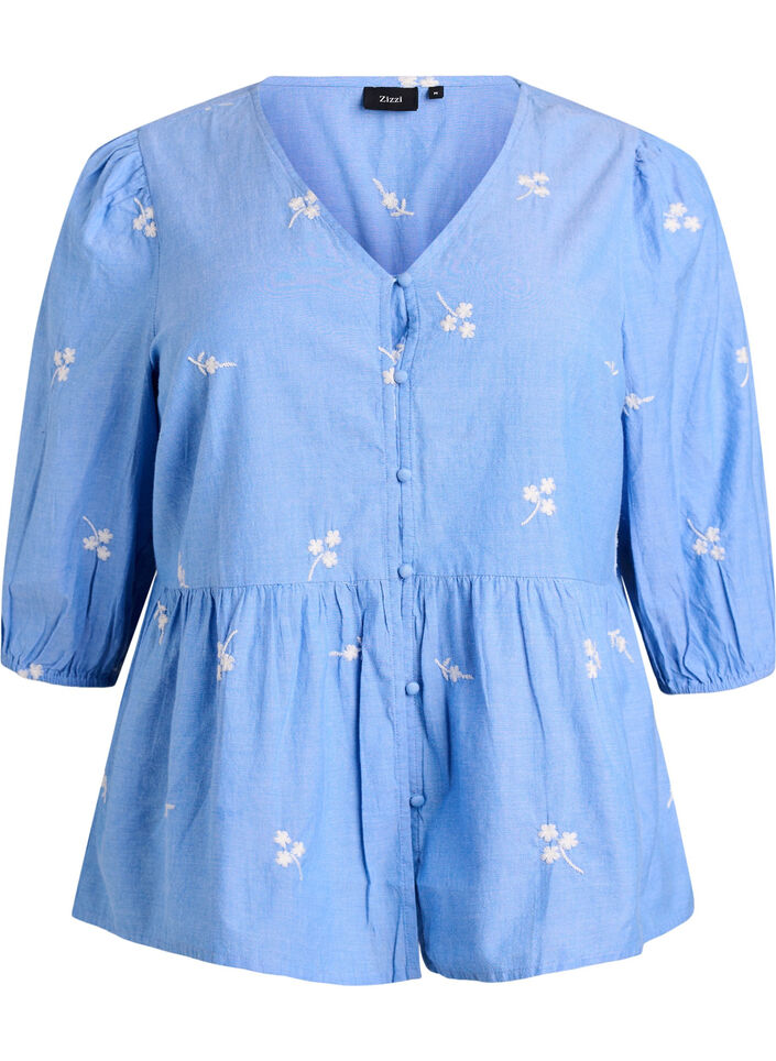 Blouse en coton brod&eacute;e de fleurs et fermeture boutonn&eacute;e, Bleu Clair, Packshot image number 0