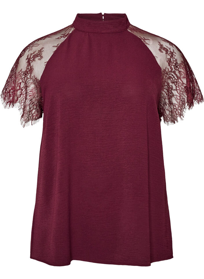 Blouse &agrave; col montant avec manches courtes en dentelle, Bordeaux, Packshot image number 0