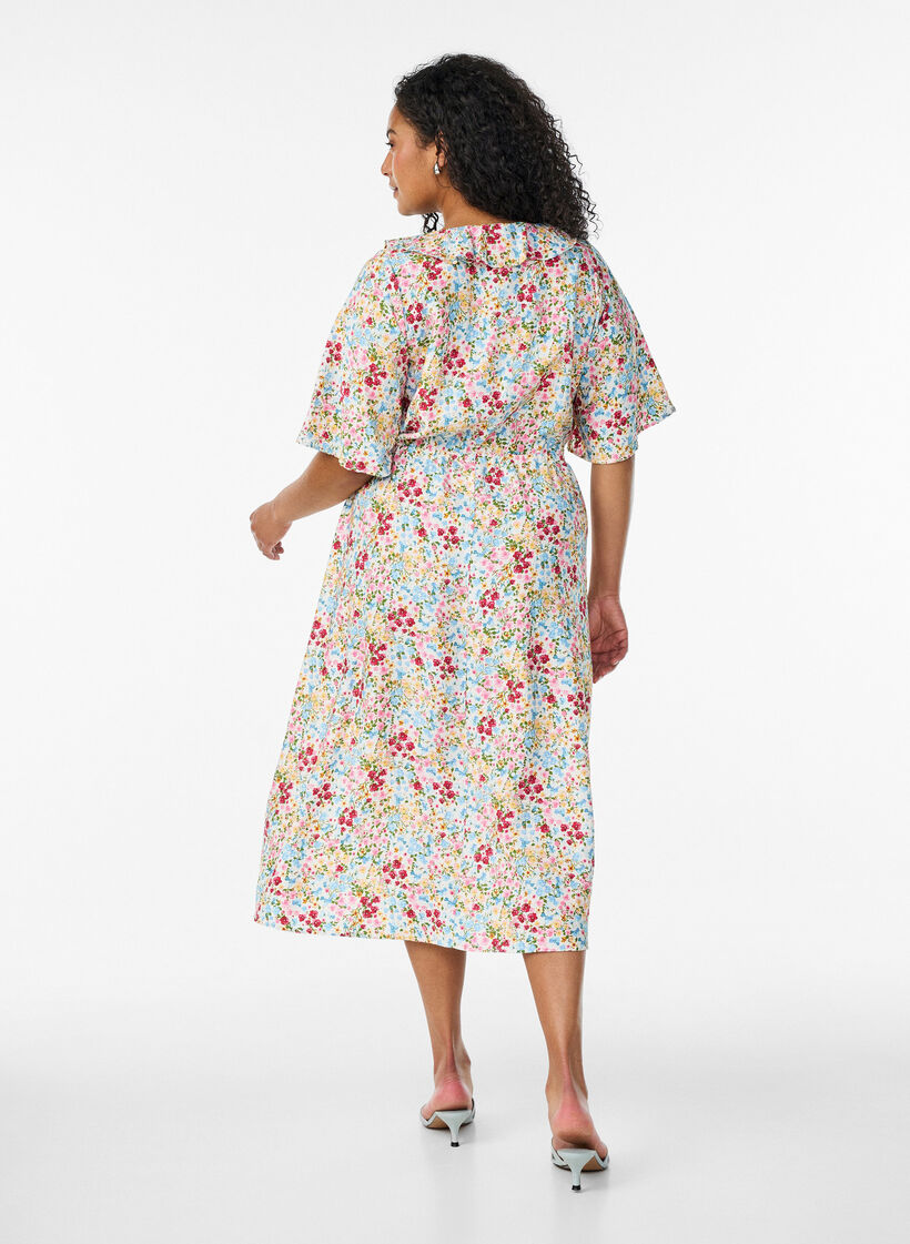 Robe midi en viscose avec imprim&eacute; fleuri et col &agrave; volants, Rose, Model image number 1