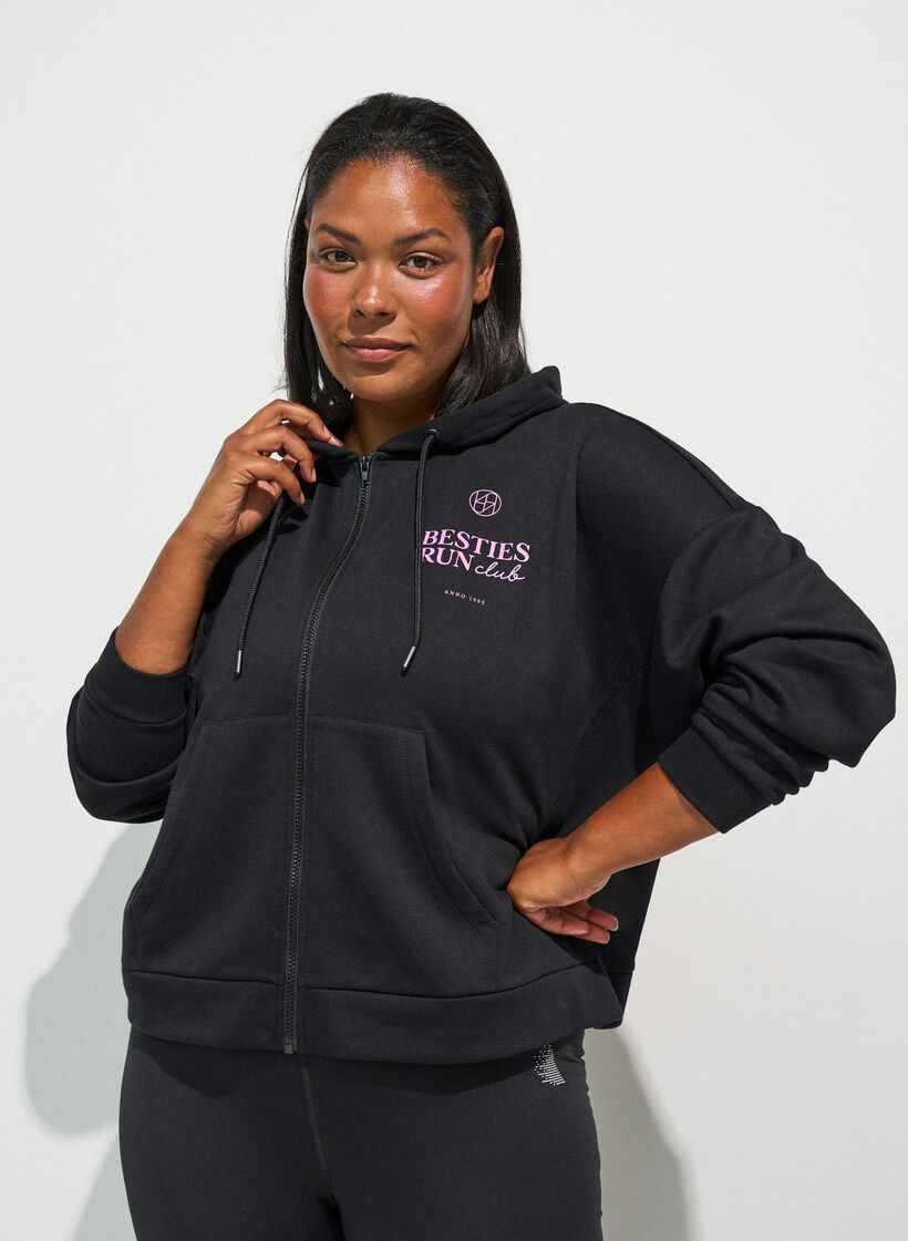 Sweat &agrave; capuche zipp&eacute; avec imprim&eacute; sur la poitrine, Noir, Model image number 0