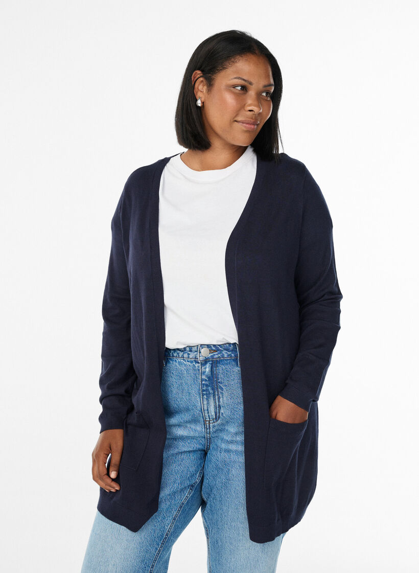 Long cardigan tricot&eacute; dans un m&eacute;lange de viscose, Bleu, Model image number 0
