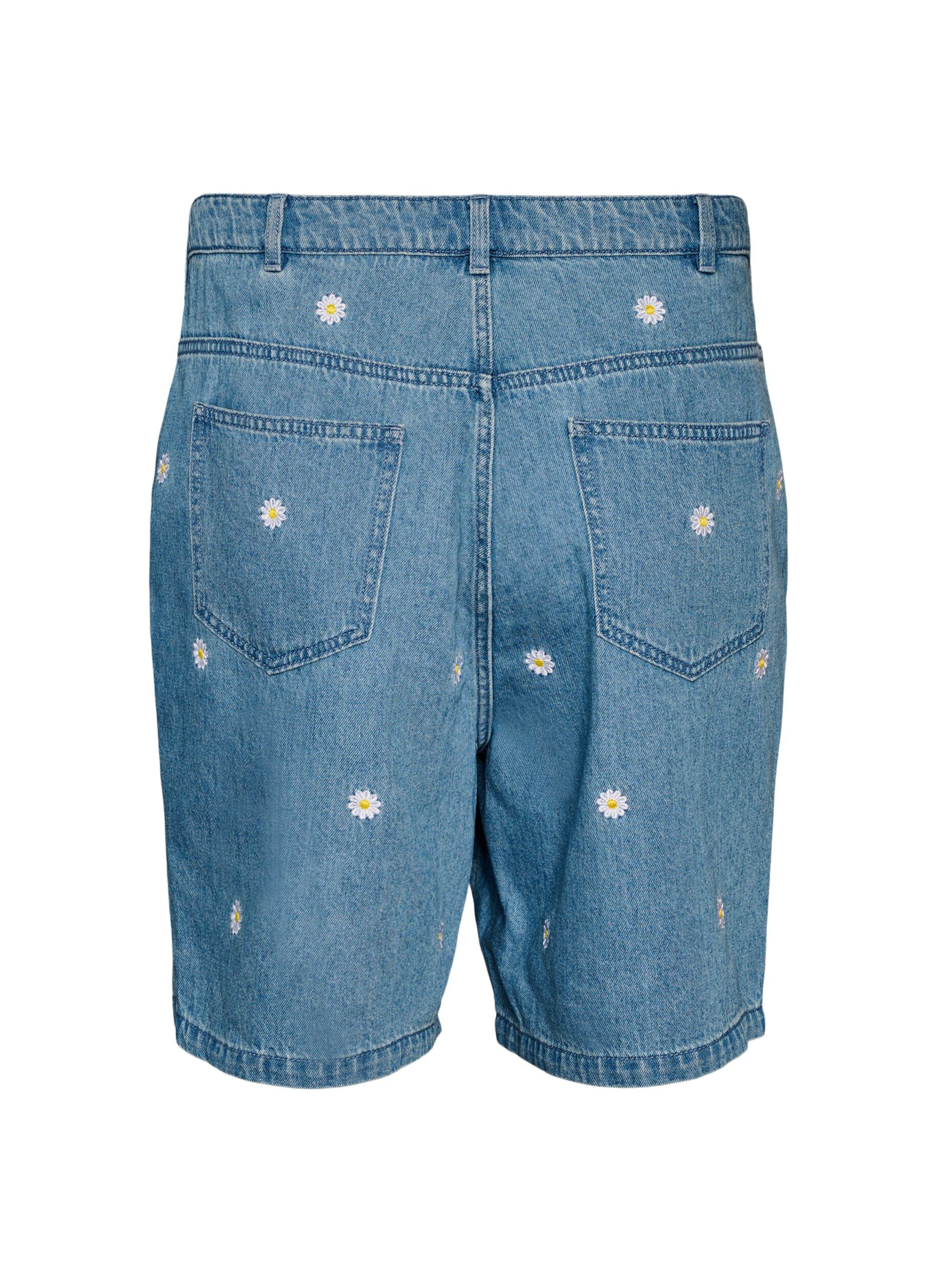 Zizzi Short en jean taille haute avec broderies florales, Bleu Clair, Packshot image number 1