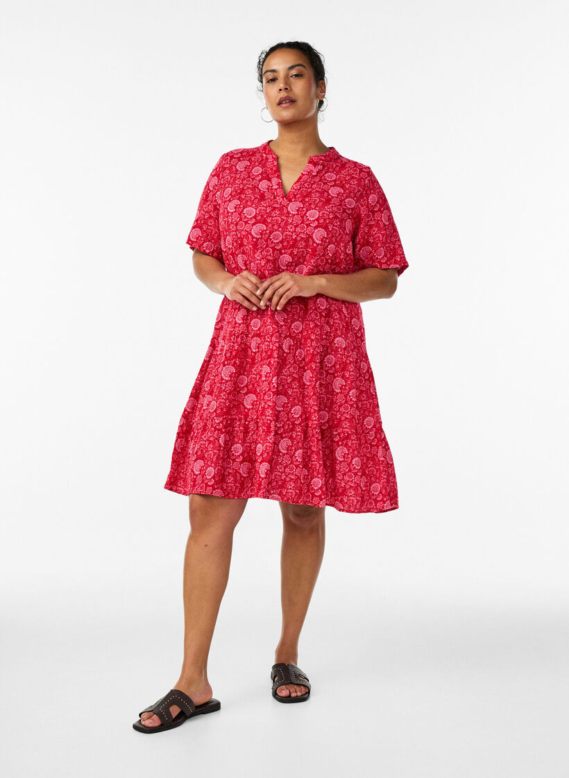 Robe courte &eacute;vas&eacute;e en mousseline de coton, Rouge, Model image number 1