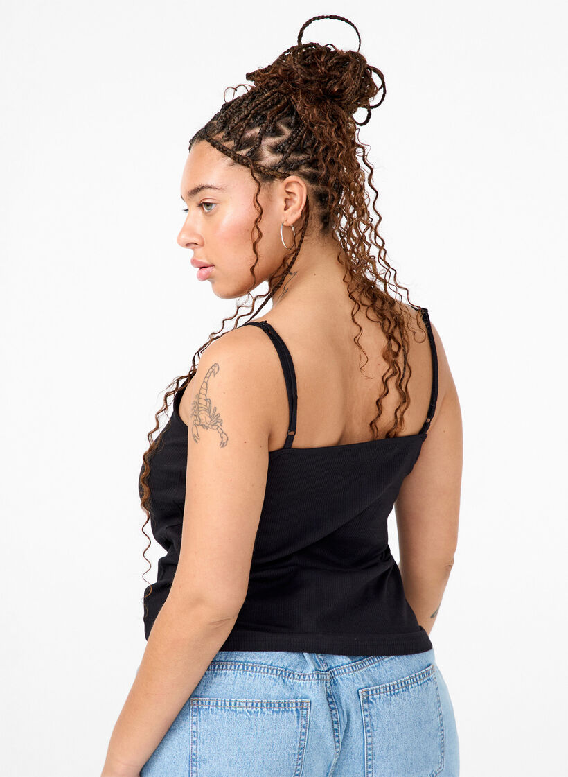 Haut côtelé en coton biologique avec détail en forme de croix, Black, Model image number 1