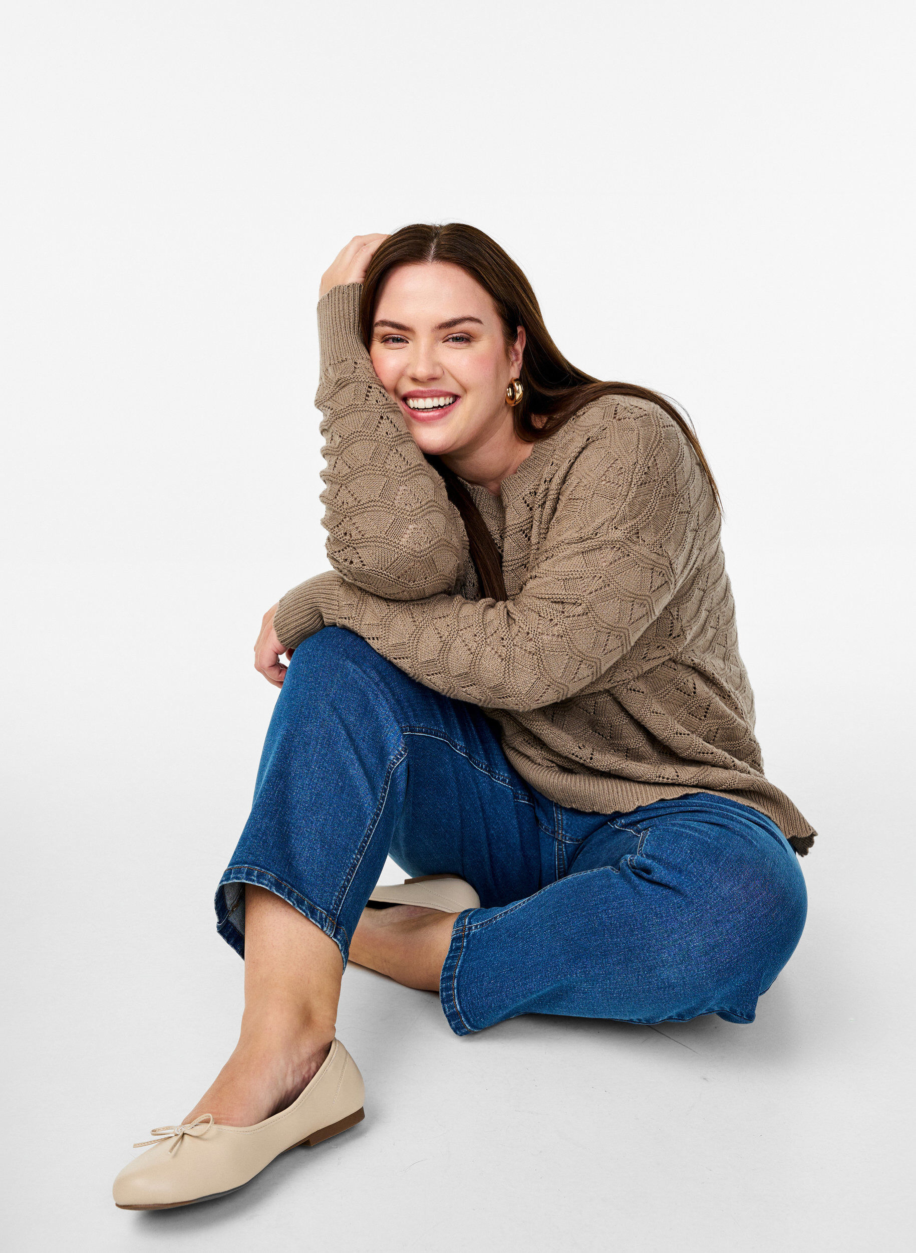 Zizzi Chemisier &agrave; manches longues en tricot avec motif ajour&eacute;, Desert Taupe, Image image number 0