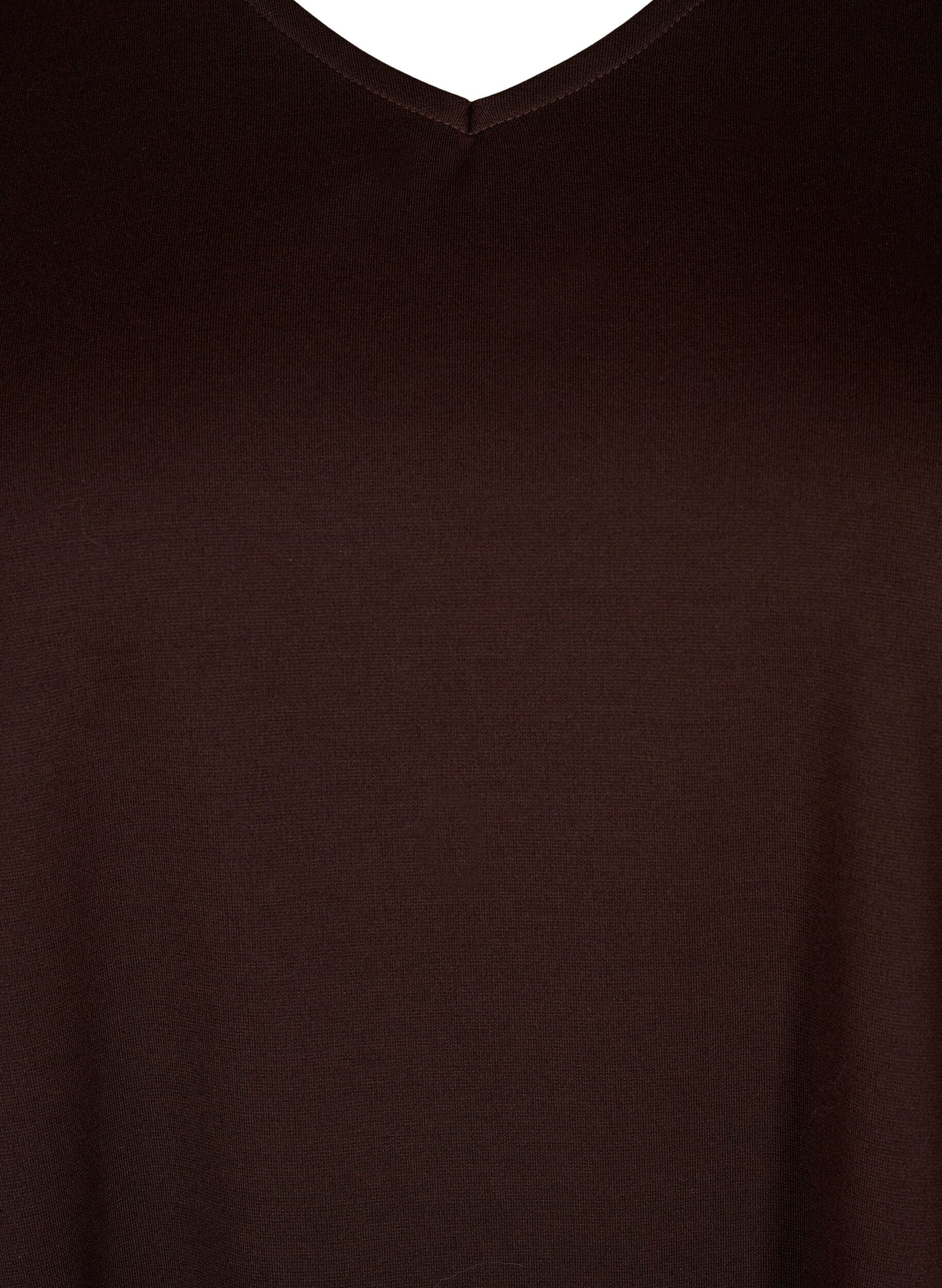 Zizzi Robe de couleur unie avec coupe en V et manches 3/4, Coffee Bean, Packshot image number 2