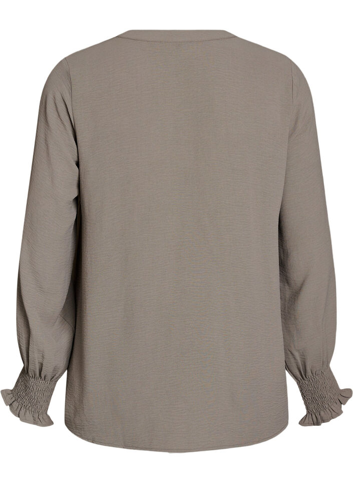 Blouse avec poignets smock&eacute;s et col en V, Beige, Packshot image number 1
