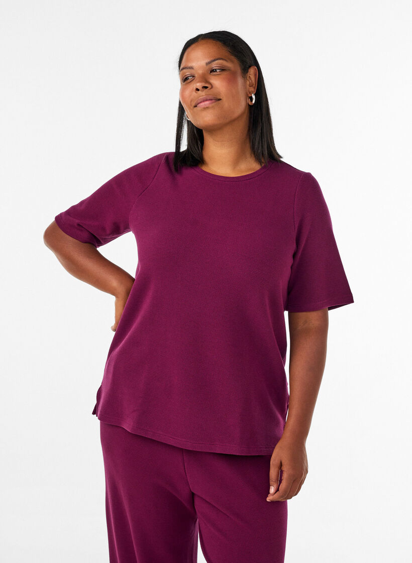 Blouse textur&eacute;e &agrave; manches coude, Bordeaux, Model image number 0