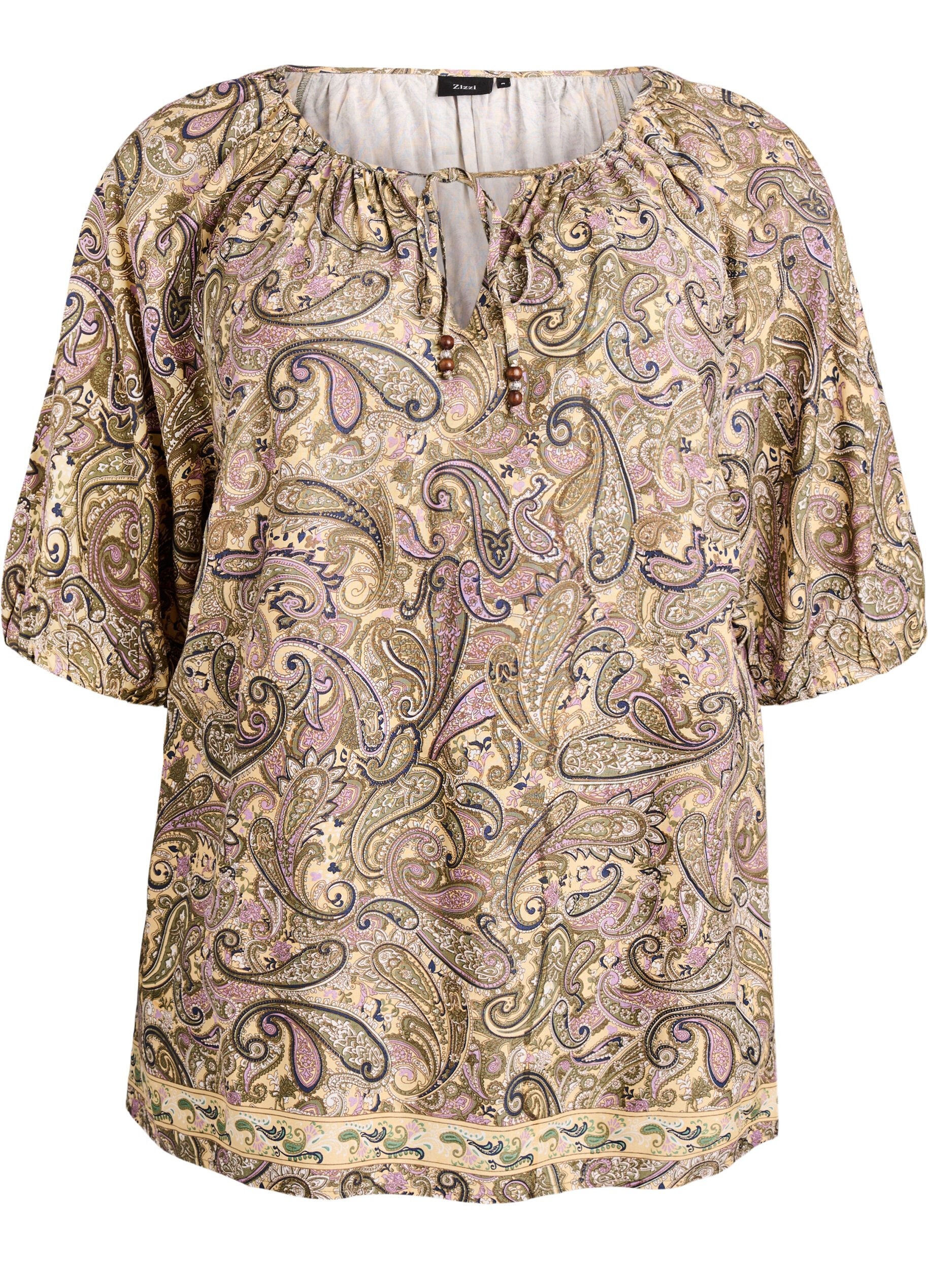 Blouse en viscose avec imprim&eacute; cachemire et lien &agrave; nouer