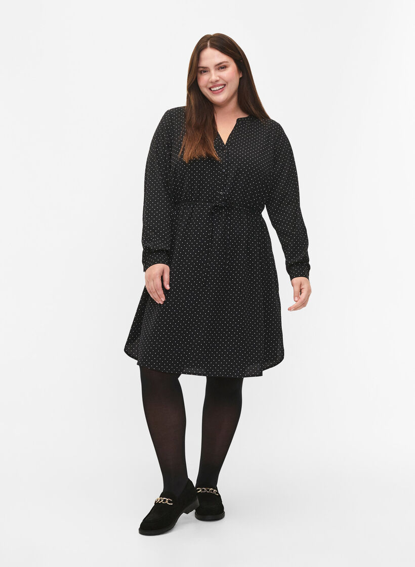Robe imprimée avec cordon à la taille, Black Dot, Model image number 2