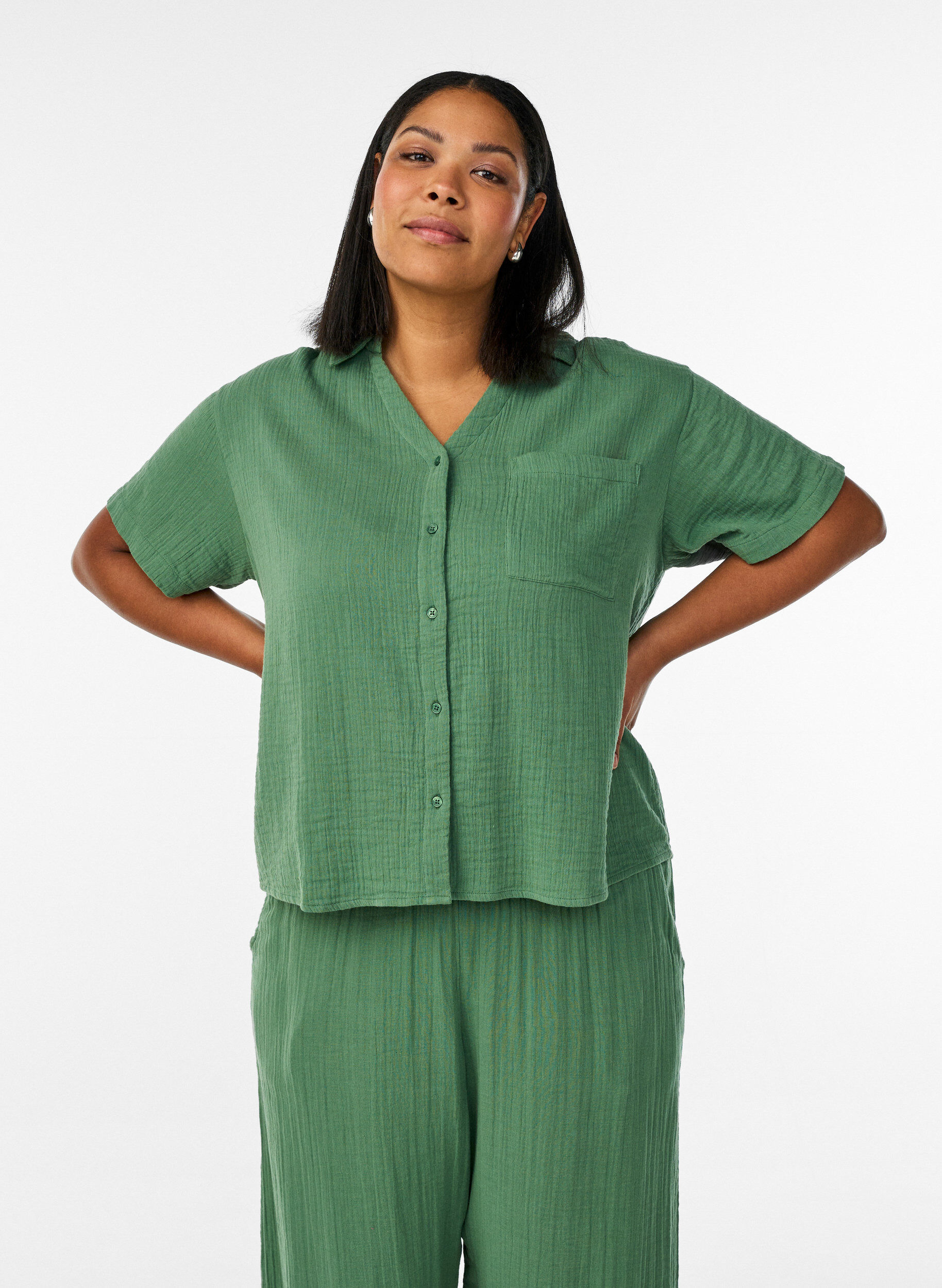 ZizziBlouse en mousseline de coton &agrave; manches courtes, Vert, Model image number 0