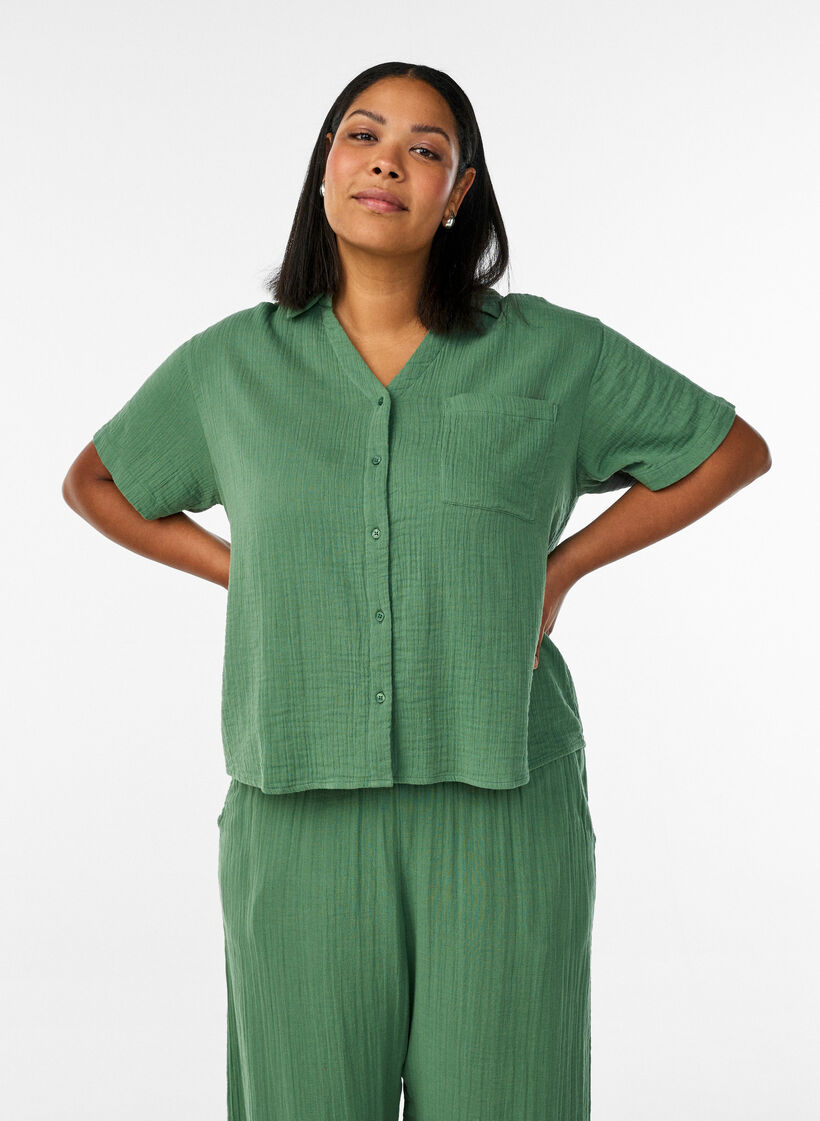 Blouse en mousseline de coton &agrave; manches courtes, Vert, Model image number 0