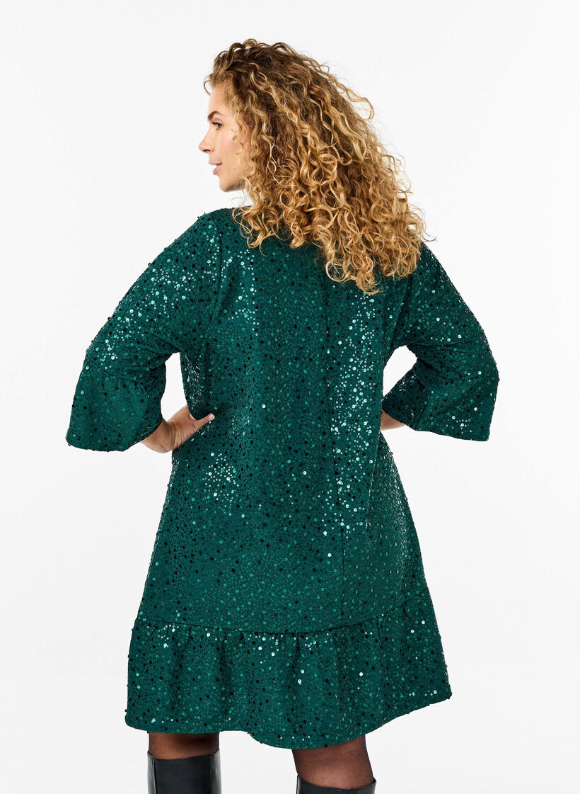 Robe à paillettes avec col en V et manches 3/4, Rain Forest, Model image number 1