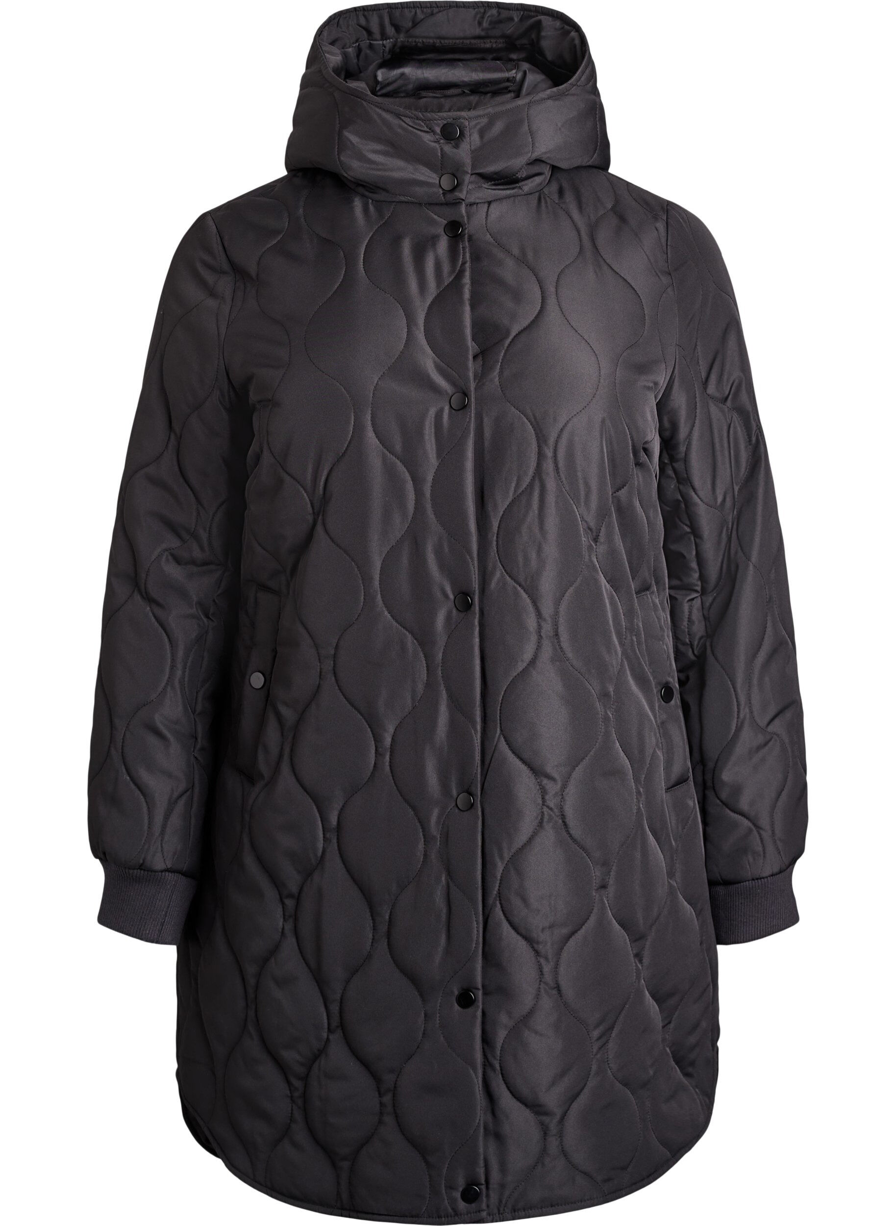Veste matelass&eacute;e mi-longue avec capuche