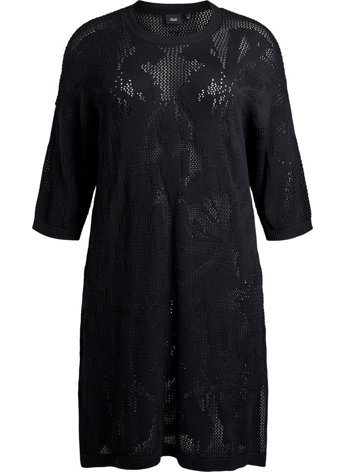 Robe en maille avec motif ajouré et manches 3/4, Noir, Packshot image number 0