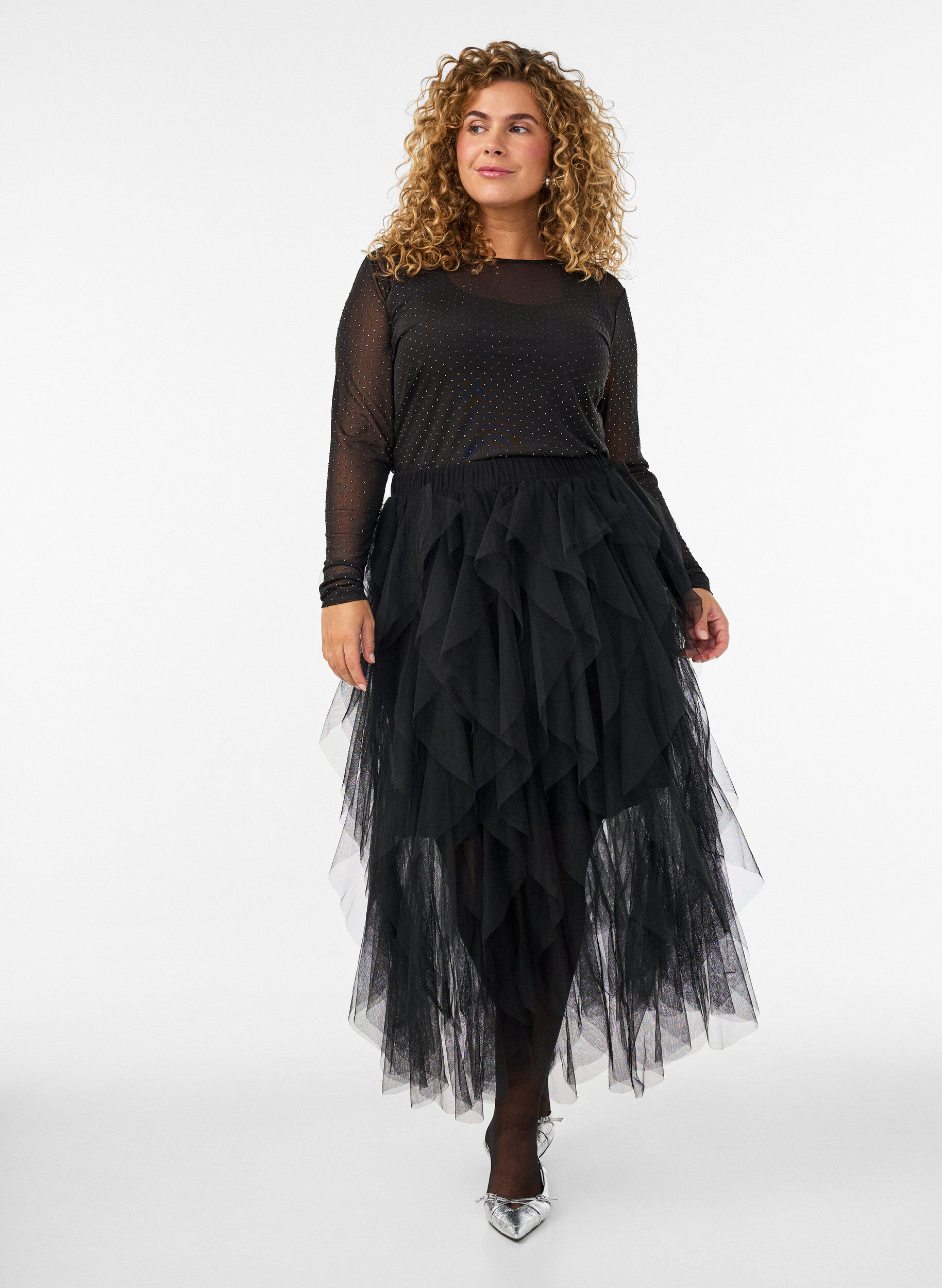 Jupe midi en tulle avec ceinture &eacute;lastique, Noir, Model