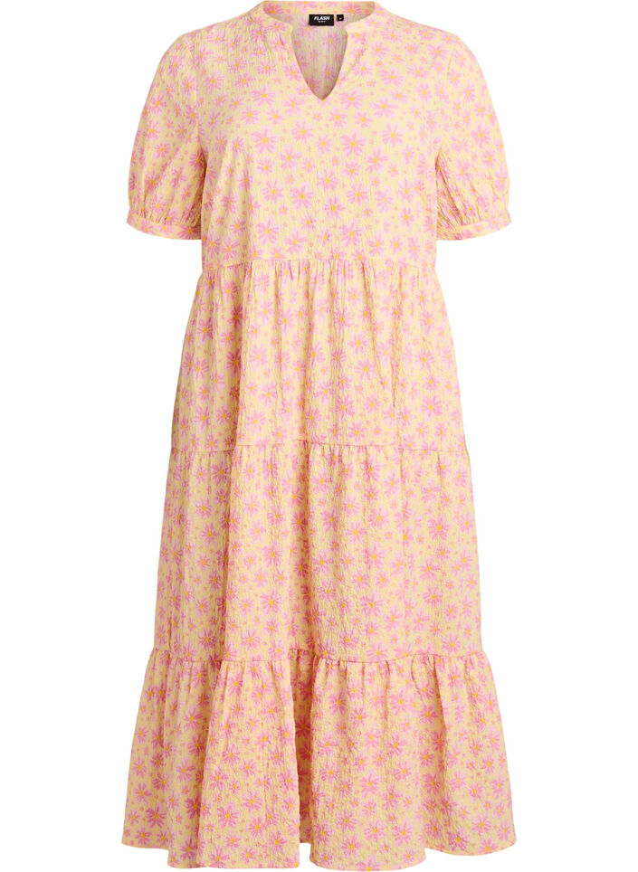 Robe longueur cheville &agrave; manches courtes avec volants &eacute;tag&eacute;s, Jaune, Packshot image number 0