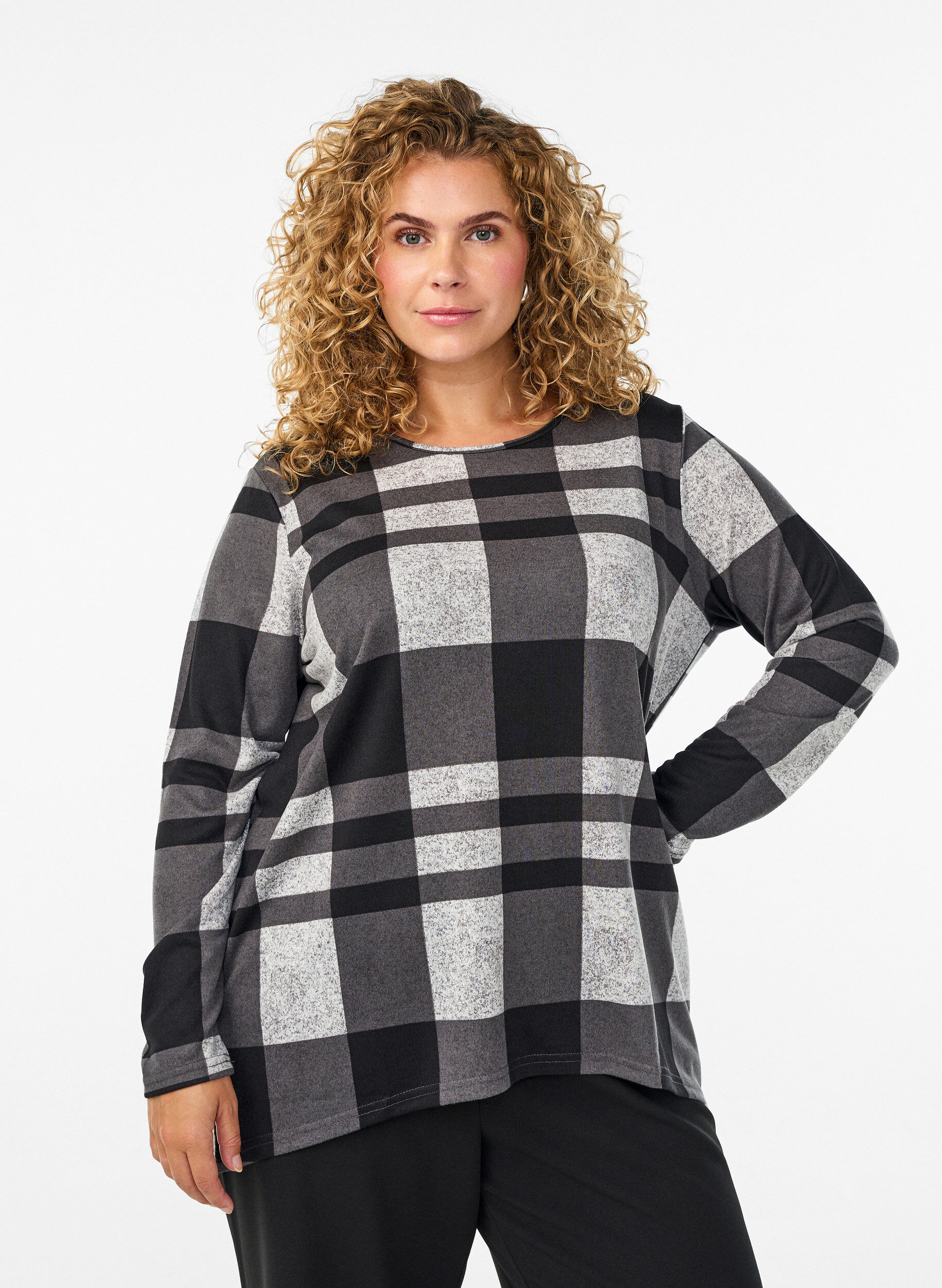 Zizzi Chemisier &agrave; motifs &agrave; manches longues, Gris, Model image number 0