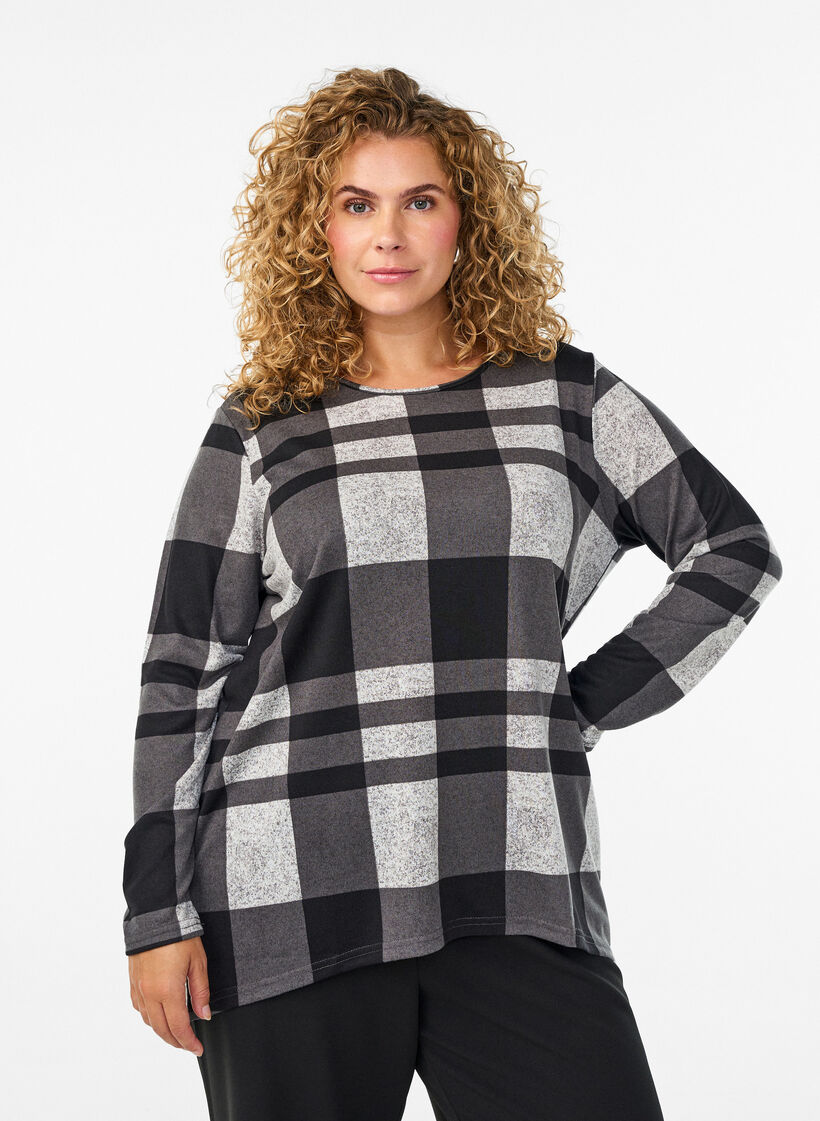 Chemisier à motifs à manches longues, Gris, Model image number 0