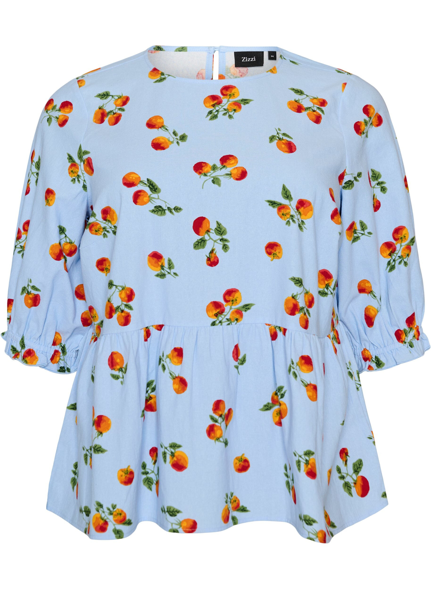 ZizziBlouse en coton avec imprim&eacute; tomates et peplum, Bleu Clair, Packshot image number 0