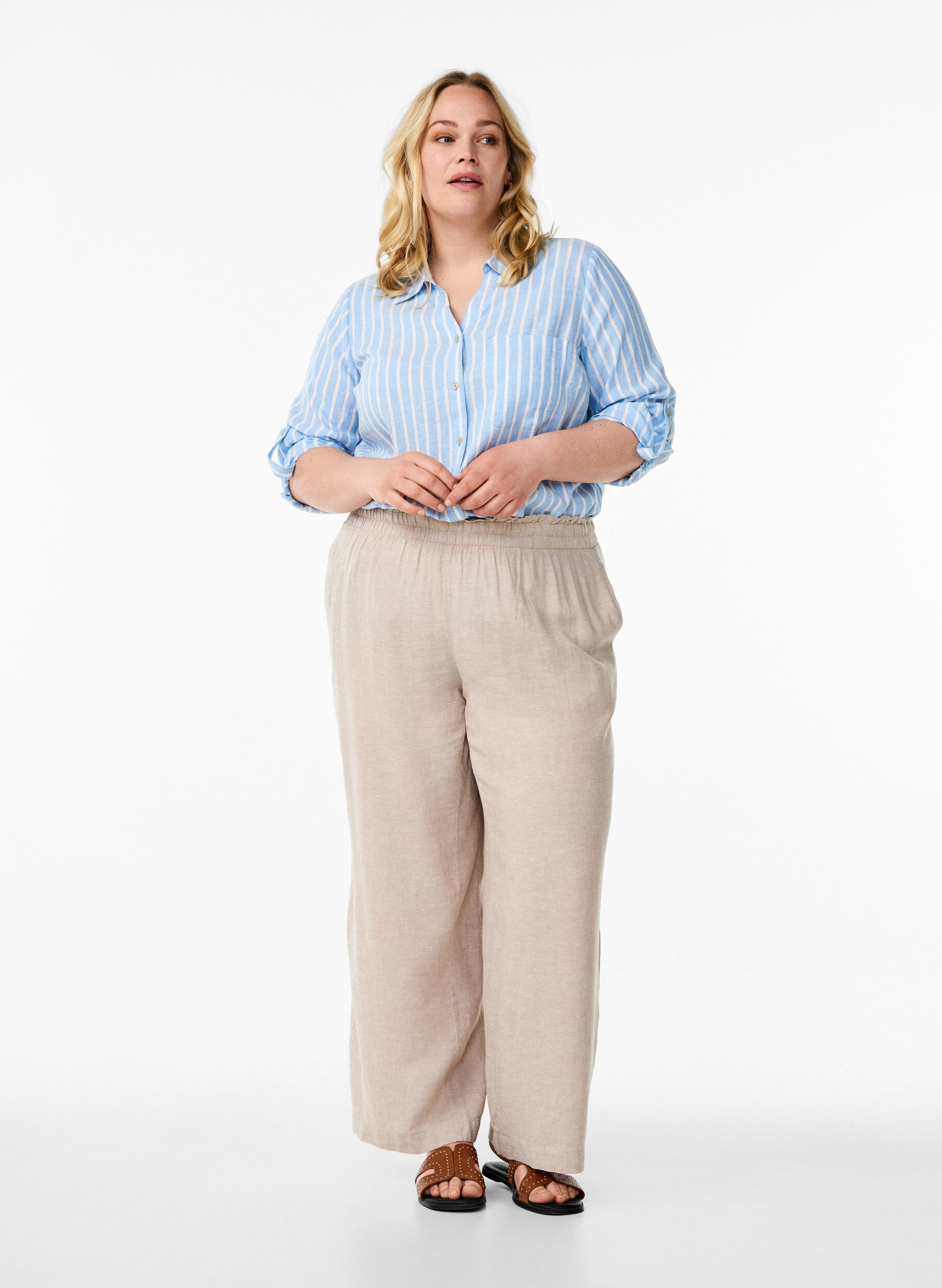 ZizziChemise en lin et viscose avec manches 3/4, Bleu Clair, Model image number 1
