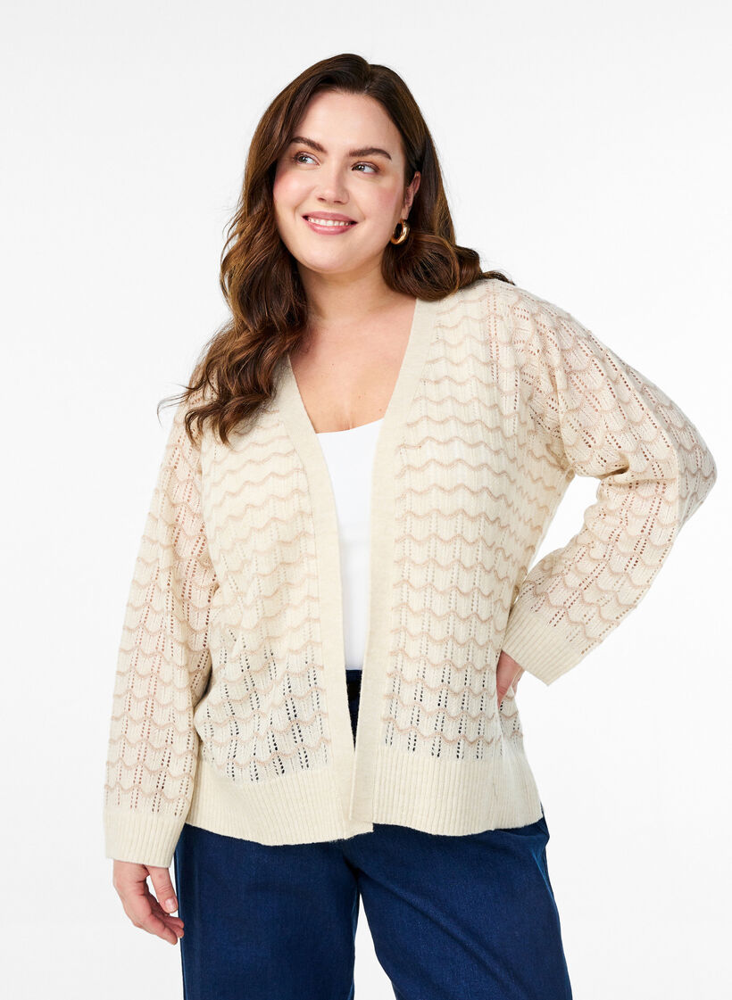 Cardigan en maille avec motif en treillis et lignes ondulées, Birch w. Simply T., Model image number 0