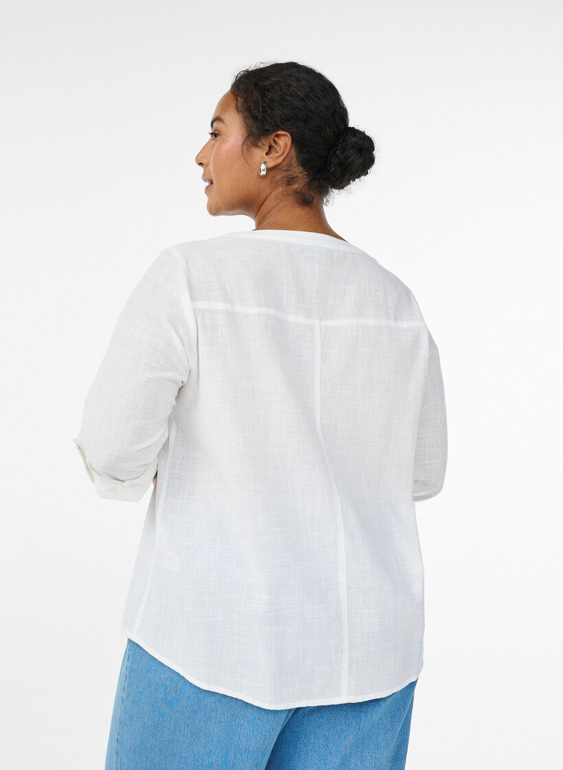 Chemisier en coton avec col en V, Blanc, Model image number 2