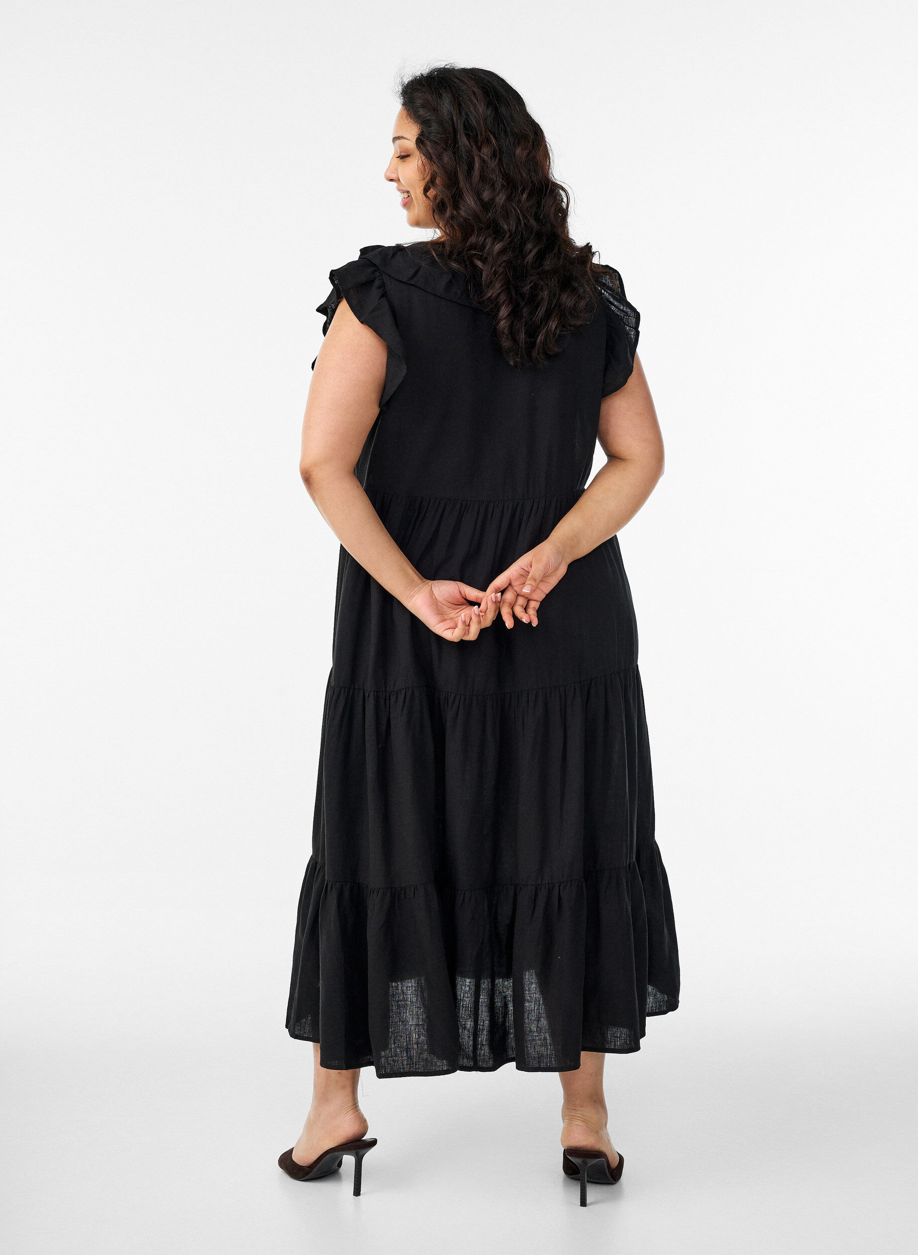 ZizziRobe midi sans manches en lin et viscose avec volants, Noir, Model image number 1