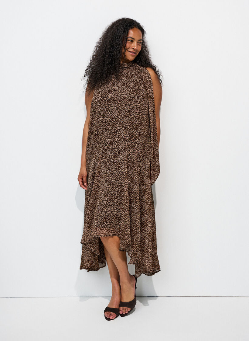 Robe midi en mousseline &agrave; imprim&eacute; l&eacute;opard avec ceinture &agrave; nouer, Marron, Model image number 0