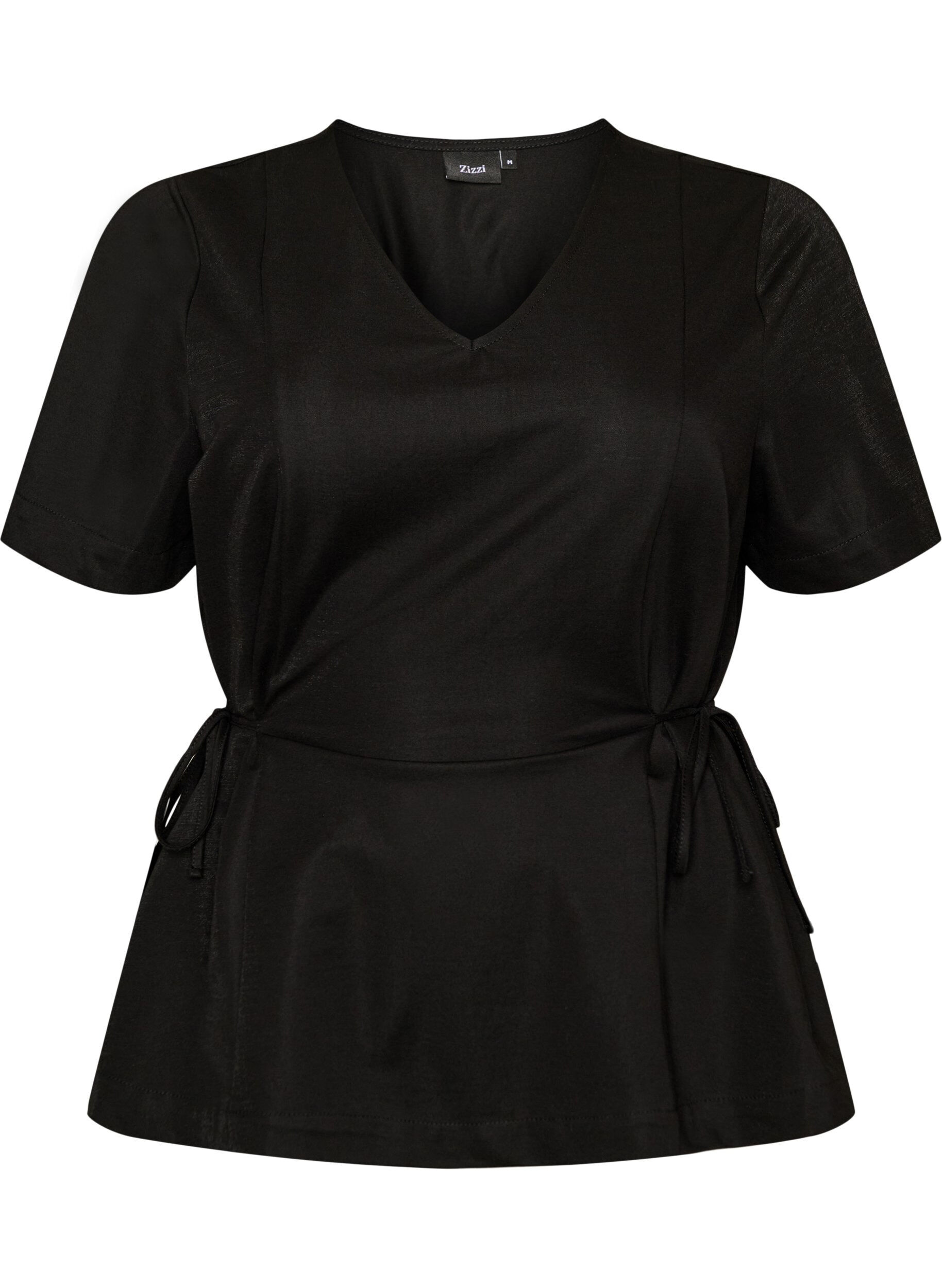 ZizziBlouse en m&eacute;lange de coton avec un col en V et un lien &agrave; nouer, Noir, Packshot image number 0