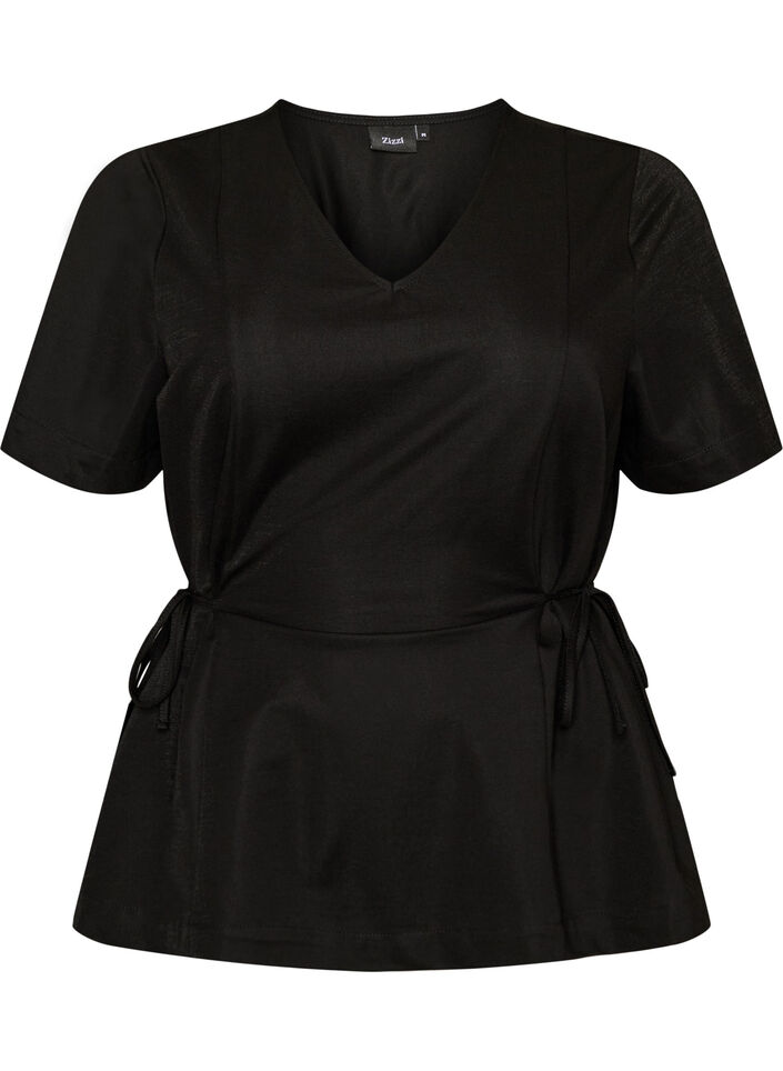 Blouse en m&eacute;lange de coton avec un col en V et un lien &agrave; nouer, Noir, Packshot image number 0