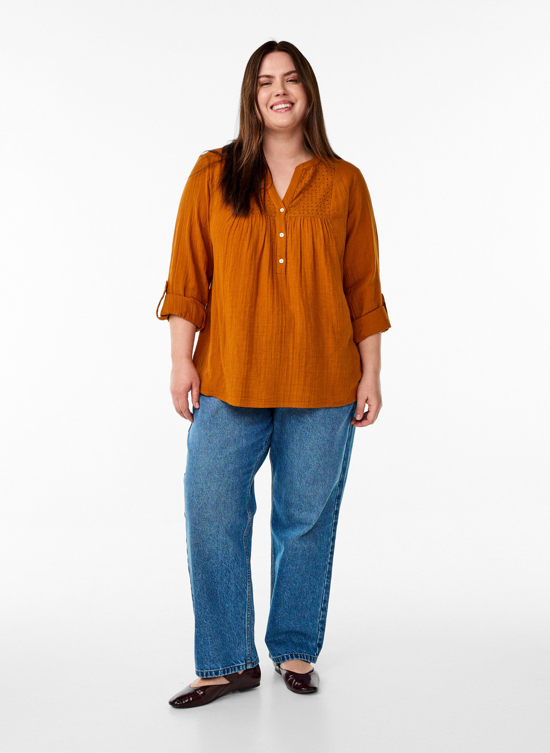 ZizziBlouse en mousseline de coton avec broderie anglaise, Orange, Model image number 1