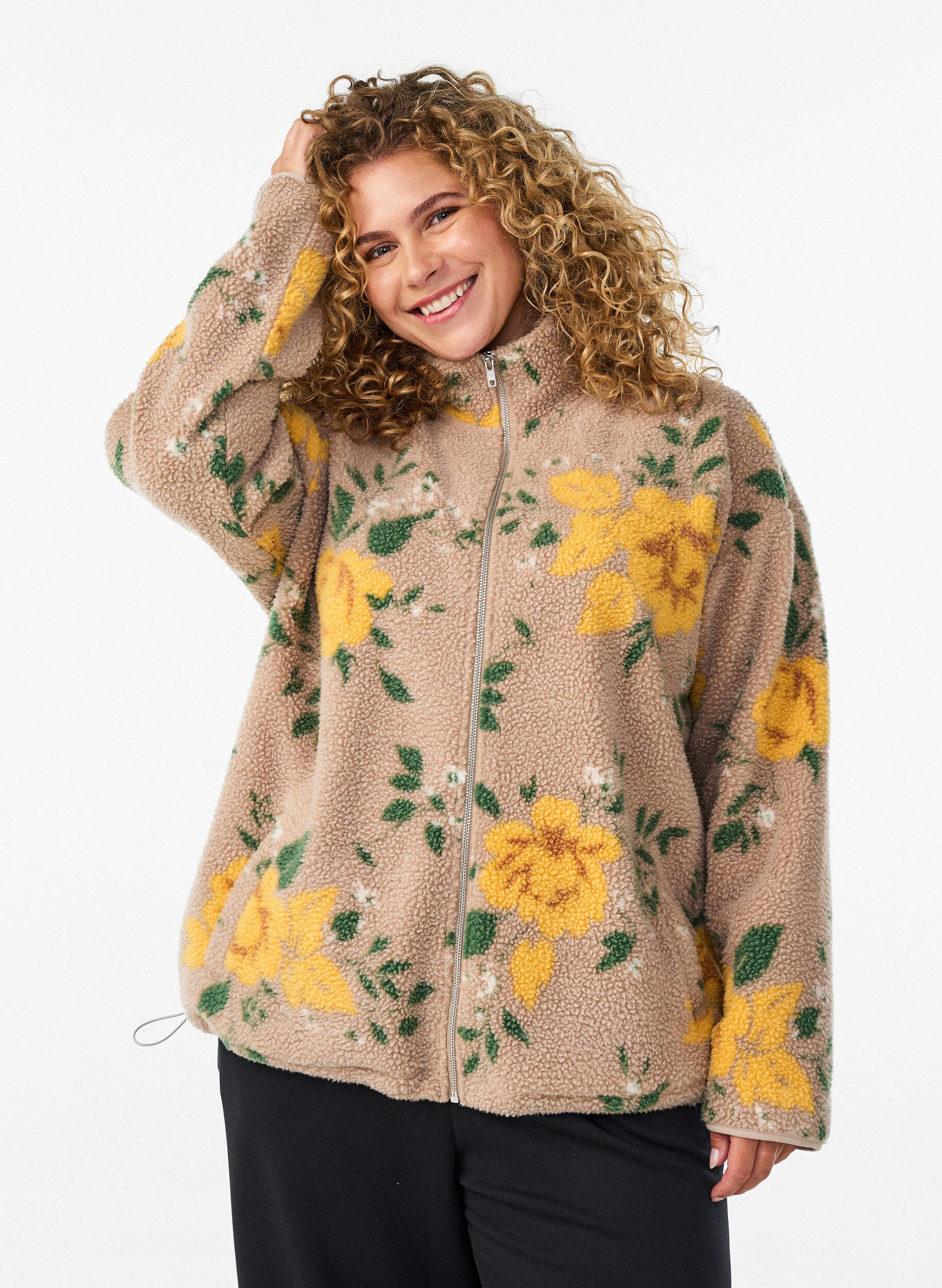 Veste en polaire &agrave; motif floral avec col montant et fermeture zipp&eacute;e, Beige, Model