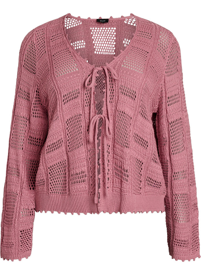 Cardigan en maille avec liens et motifs ajour&eacute;s, Rose, Packshot image number 0