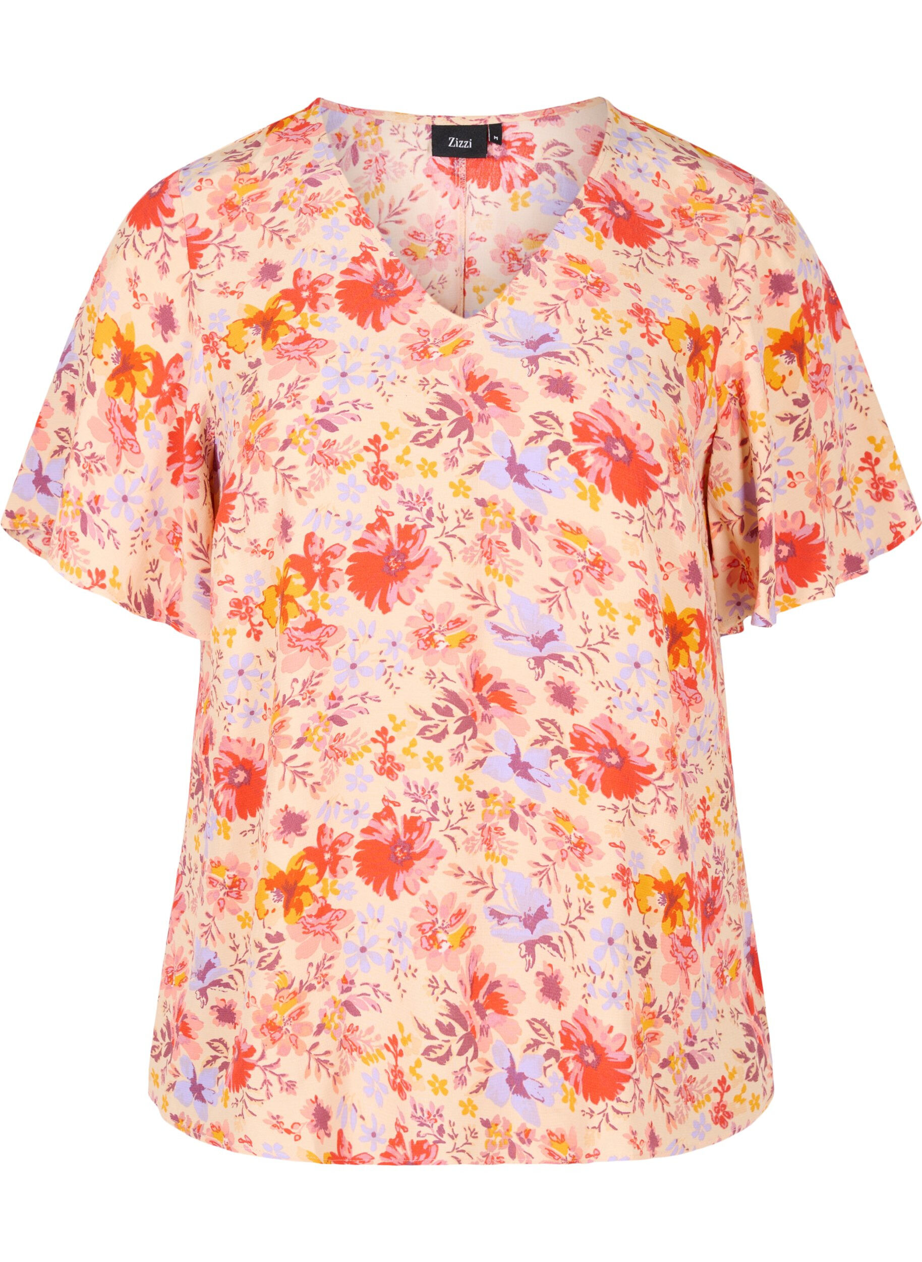 Zizzi Blouse en viscose &agrave; manches courtes avec imprim&eacute; floral, Red Orange AOP, Packshot image number 0