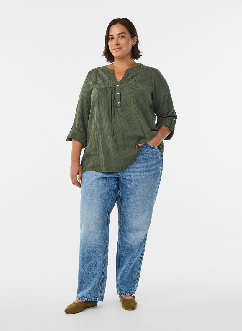 Blouse en mousseline de coton avec broderie anglaise, Vert, Model image number 1