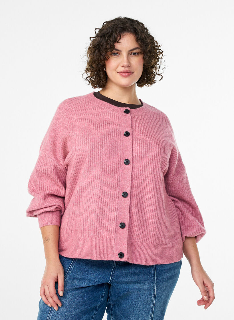 Cardigan en tricot côtelé avec boutons, Rose, Model image number 0