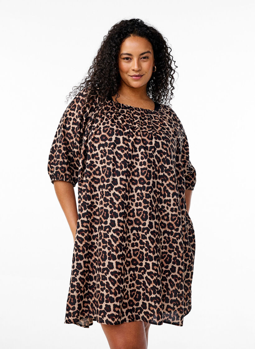 Robe de plage en viscose avec imprimé, Beige, Model image number 0